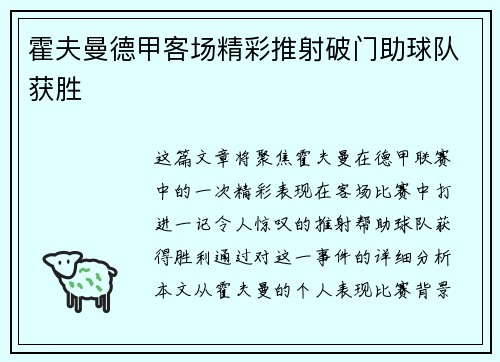 霍夫曼德甲客场精彩推射破门助球队获胜